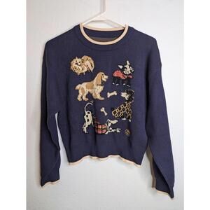 Cider Women's Sweater Medium Navy Blue Dog Print Knit Crew Neck Viscose Blend
